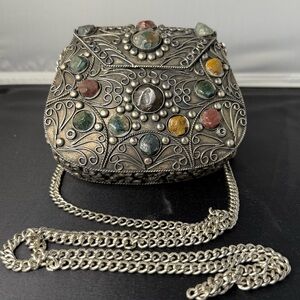 Sajai Vintage Metal Purse with Natural Stone Embellishments